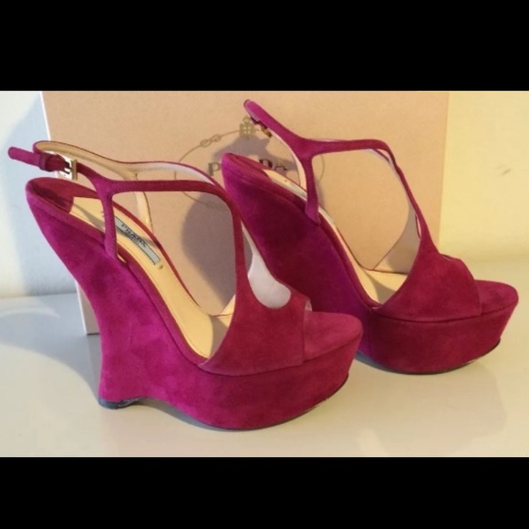 NWB PRADA Magenta, Suede, Open-Toe, Platform, Wedge Sandals - Picture 3 of 10